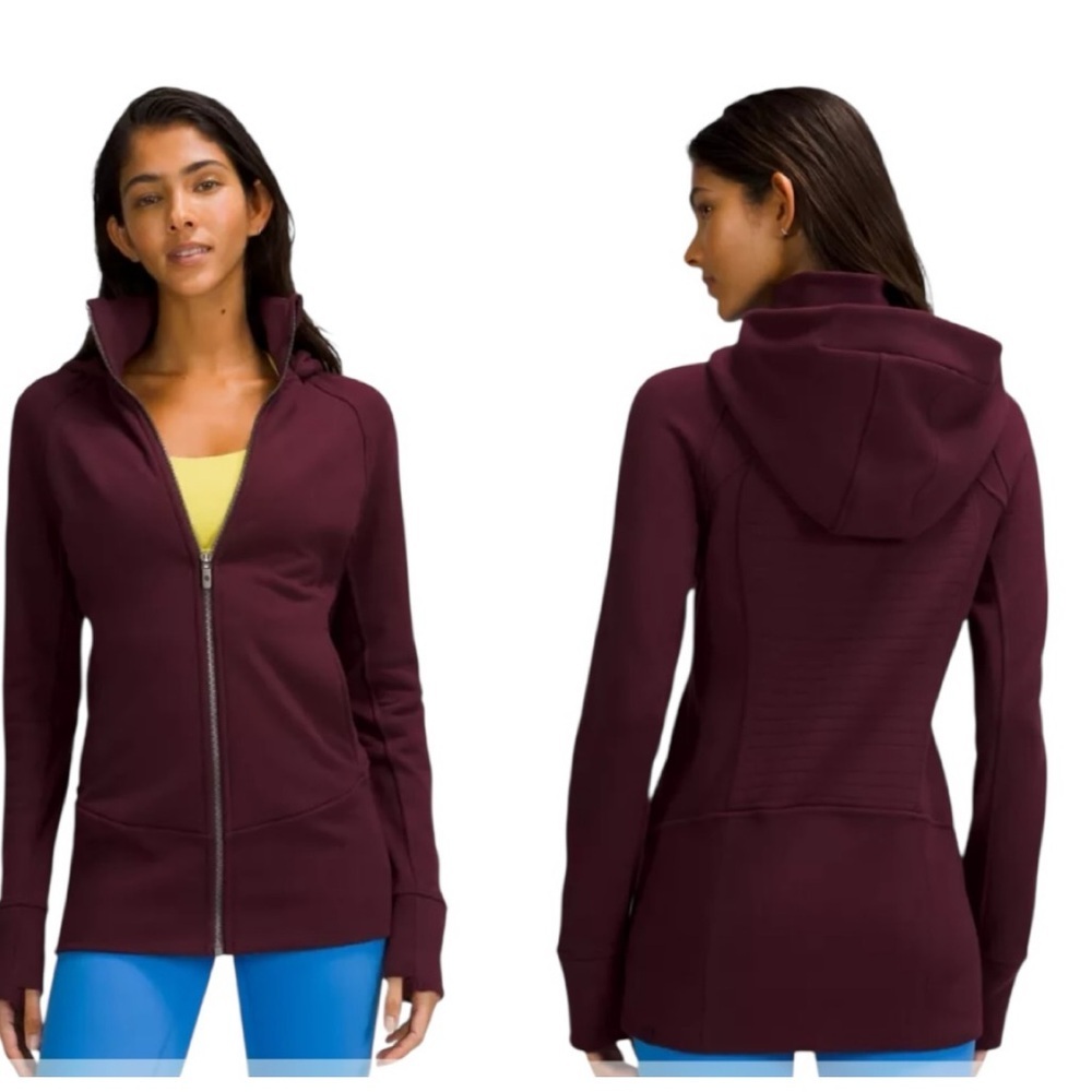 Lululemon Hooded Radiant Jacket Cotton Fleece Long Hoodie Pocket Zip Burgundy 10